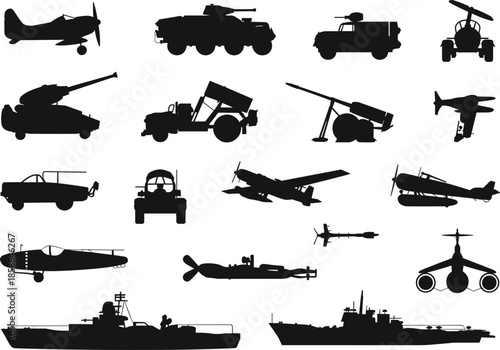 Silhouettes of military vehicles, aircraft, and artillery in grid layout showcasing land, sea, and air combat technology and equipment diversity.