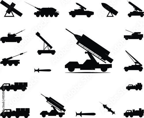 Missile launcher silhouette collection featuring military rocket systems and armored vehicles, modern warfare artillery, defense technology, ground combat weapons illustration