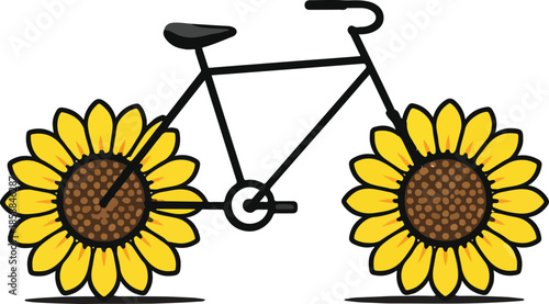 Simple graphic art featuring a bike with bright yellow sunflowers instead of traditional wheels