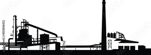 Industrial factory silhouette with refinery buildings and chimneys, manufacturing plant skyline, heavy industry concept, energy production, infrastructure and industrial development illustration