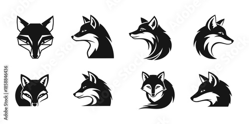 A collection of eight diverse black fox head and full body silhouettes are presented against a clean white background, showcasing various abstract styles