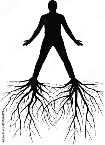 Silhouette of Person with Tree Roots Extending from Feet – Symbolic Illustration of Grounding, Growth, Nature Connection, and Ancestral Identity