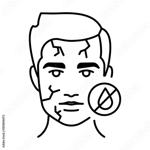 Dry skin icon. Dehydrated skin condition. Male face with crackles and crossed out drop of water. Stylized pictogram. Linear illustration editable strokes. Dermatology, cosmetology, skin care.