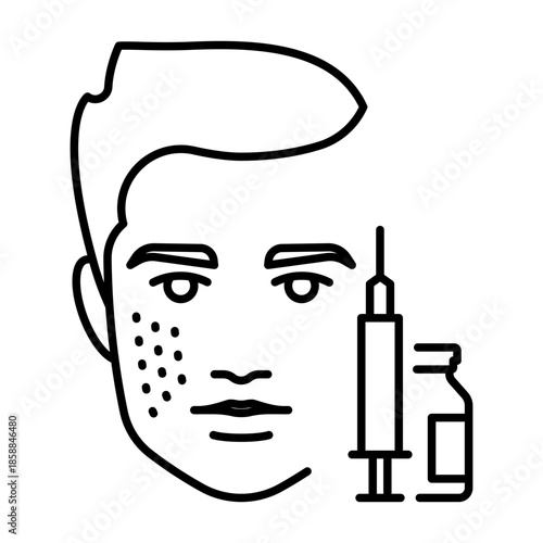 Mesotherapy for man, line icon. Male face and syringe and injection. Linear illustration, editable stroke. Minimalist pictogram for cosmetology, dermatology, anti-aging procedure.