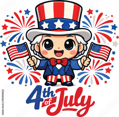 A cheerful cartoon character of uncle sam celebrates the 4th of july with flags and fireworks