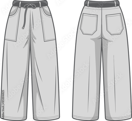 Women wide leg pants front back view, drawstring waist casual trousers design, modern fashion apparel, technical CAD drawing, flat vector illustration