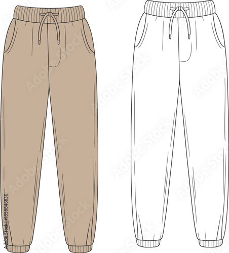 Jogger pants sketch, front view, colored and line drawing, elastic waistband, drawstring, fashion flat, CAD illustration, apparel design