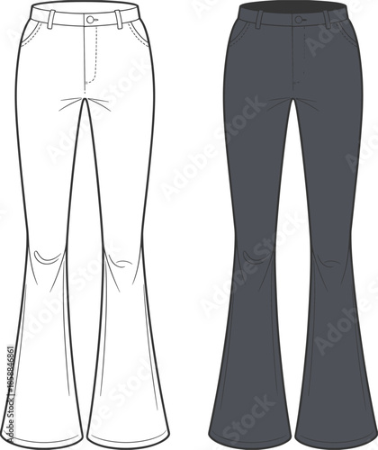 Women flared pants front view, high waist bell bottom trousers design, retro fashion apparel, technical CAD drawing, flat vector illustration