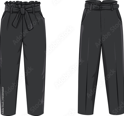 Paperbag pants sketch, tailored trousers, high waist design, front view, fashion flat, CAD drawing, apparel illustration, garment vector