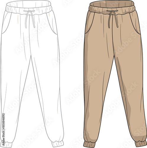 Jogger pants front view, elastic waist drawstring trousers design, casual lounge wear apparel, fashion CAD drawing, flat vector technical illustration