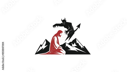 Abstract vector Kneeling red figure on mountains facing temptation from a hovering black horned demon