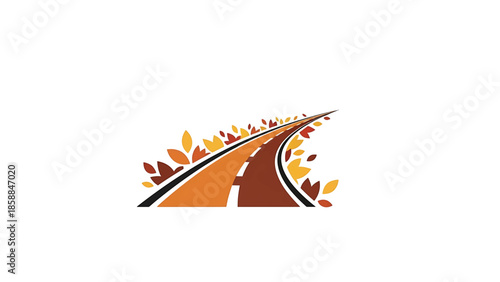 Abstract winding road graphic with autumn leaves in earthy tones on a clean white background
