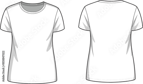 Basic t shirt front back view, short sleeve crew neck tee design, casual apparel, fashion CAD drawing, flat vector technical illustration