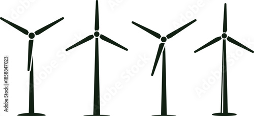 Wind turbine silhouette set, renewable energy generator design, clean power concept, eco electricity symbol, flat vector illustration, sustainable technology graphic