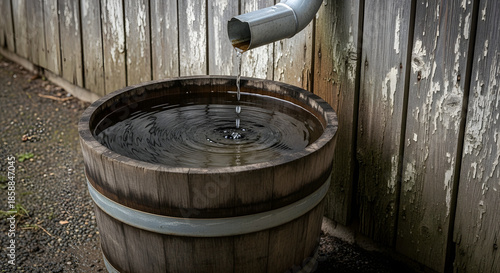 Wooden barrel filling with rainwater, eco-friendly system