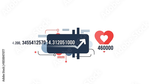 An abstract graphic representing data growth with charts, numbers, and a heart icon for social media engagement