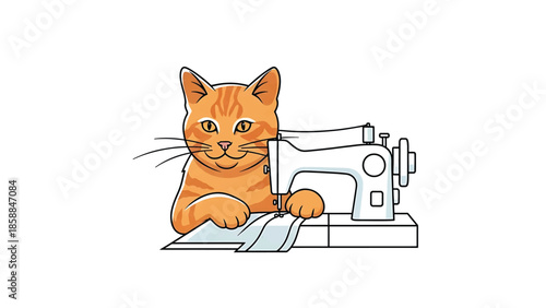 An adorable orange tabby cat with stripes operating a sewing machine, creating something with light blue fabric