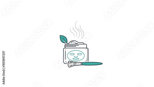 An illustration of a face mask jar with a leaf, steam, and an application brush, symbolizing natural skincare