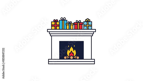 An illustration of a fireplace with logs burning inside, topped with colorful gift boxes