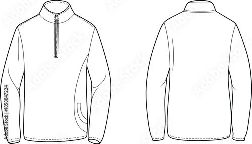 Pullover technical sketch, fleece top, half zip design, high collar, front view, back view, CAD drawing, fashion flat