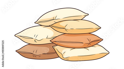 An illustration of a casual stack of six assorted pillows in shades of beige, orange, and brown