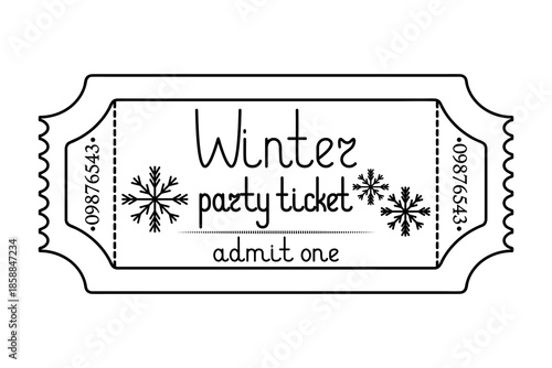 Winter party ticket "Admit One." Snowflake silhouettes. Sketch. Handwritten lettering. Vector illustration. Tear-off ticket with a serial number. Outline on an isolated white background. Doodle style.