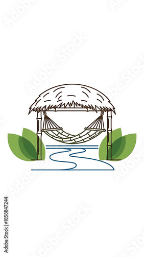 An illustration of a hammock under a thatched hut, with bamboo poles, green leaves, and a blue water path