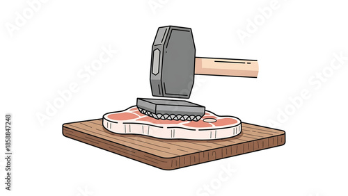 An illustration of a hand using a meat mallet to tenderize a raw steak on a wooden cutting board