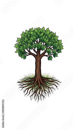 An illustration of a green leafy tree with brown trunk and exposed roots in sparse grass on white background