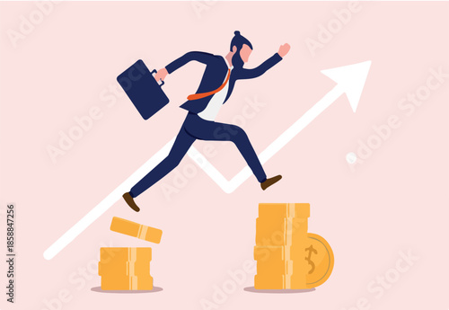 Career jump - Businessman jumping from stack of coins to more money. Opportunity, business progress and more pay concept. Vector illustration