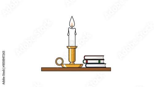 An illustration of a lit candle in a golden holder and a stack of colorful books on a wooden shelf