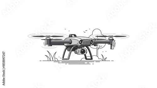 An illustration of a modern drone with a camera, hovering over grassy terrain with trees and birds
