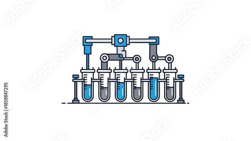 An illustration of a robotic arm system precisely filling multiple graduated test tubes in a laboratory setting