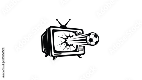Black and white illustration of a retro television with a cracked screen and a soccer ball flying out