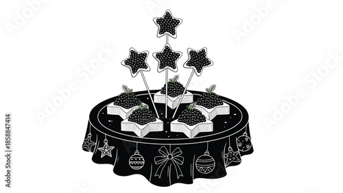 Black and white illustration of star-shaped caviar appetizers on a festive table adorned with holiday ornaments