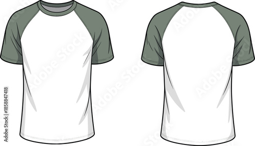 Raglan t shirt front back view, short sleeve casual tee design, sportswear apparel, fashion CAD drawing, flat vector technical illustration, t shirt