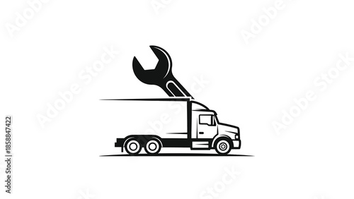 Black and white outline illustration of a semi-truck with an adjustable wrench on top, symbolizing repair or service