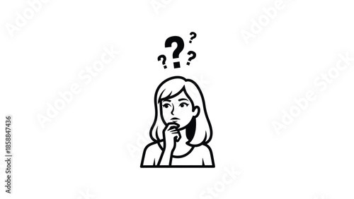 Black and white outline illustration of a woman thinking with question marks, symbolizing doubt or inquiry