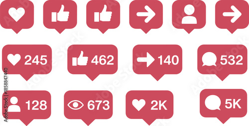 Social Media Notification Icons With Counts like heart, Vector illustration.