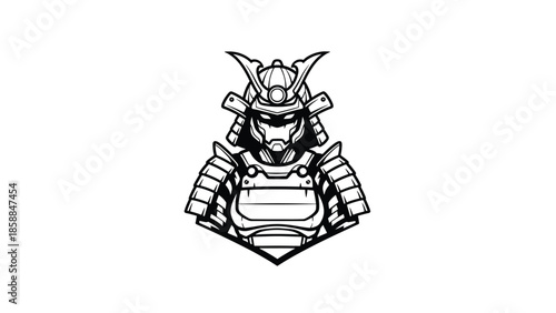 Black and white outline illustration of a stylized samurai bust with a helmet and armored shoulders
