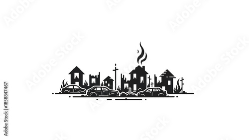 Black and white vector illustration of a devastated city street with burning houses, damaged buildings, and wrecked cars
