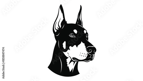 Black and white vector illustration of a Doberman's head, profile view, with alert expression and cropped ears