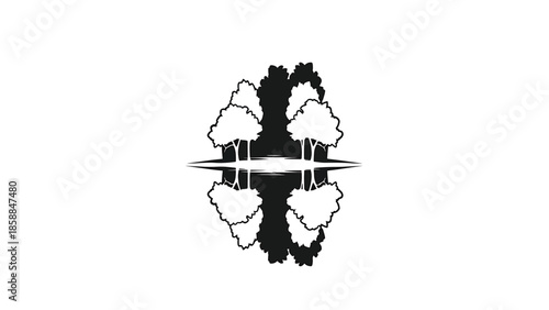 Black and white vector illustration of a small forest of trees with their perfect reflection in water