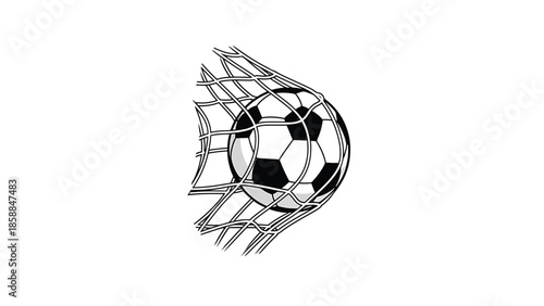 Black and white vector illustration of a soccer ball hitting the back of a goal net, symbolizing a score