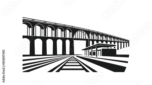 Black and white vector illustration of a long railway viaduct, train tracks, and a station platform