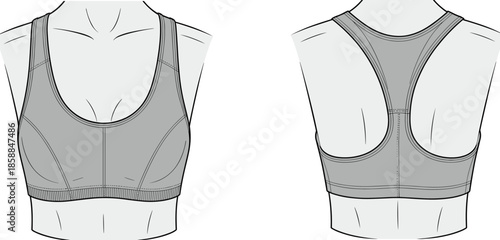 Sports bra technical sketch, front view, back view, racerback design, scoop neckline, athletic wear, garment flat, CAD drawing