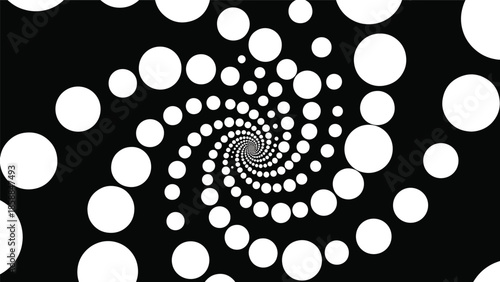 Black background with white circles forming a hypnotic spiral, decreasing in size towards the center