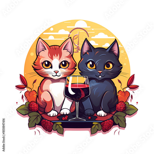 Feline Friends Enjoying Wine Cartoon Illustration
