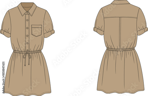 Women shirt dress front back view, short sleeve button up dress design, casual fashion apparel, CAD drawing, flat vector technical illustration