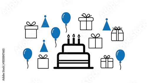Blue and black line art icons of birthday celebration elements like cake, gifts, balloons, and party hats